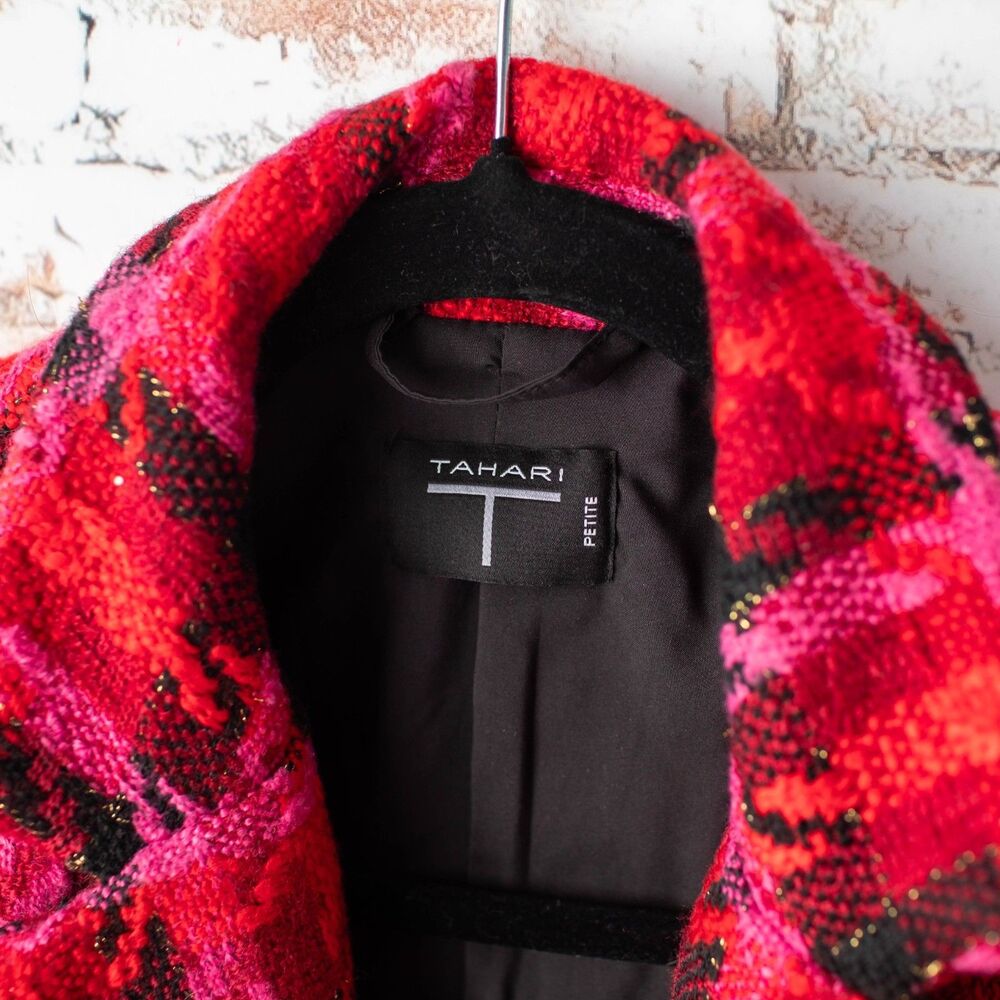 Tahari Petite Blazer Women's Notch Lapel Red Black Pink Plaid Blazer - Picture 3 of 10